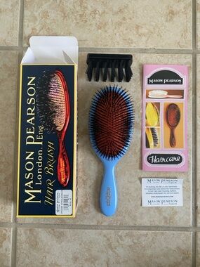 Pearson Blue Oval Boar & Nylon Hair Brush with Cleaning Tool